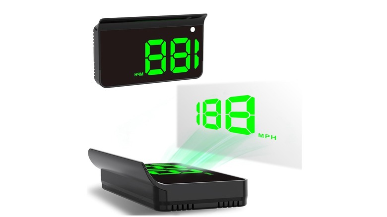 The KUOWEIHUD, the image shows the device twice, with one of them displaying how the device can display the speedometer