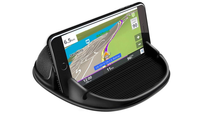 The Loncaster Car Phone Holder and Mount, the image displays the mount holding a smartphone that's displaying GPS navigation