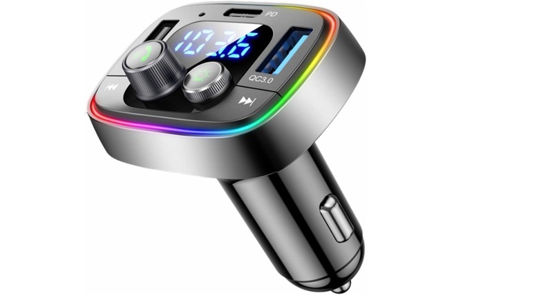 LIHAN USB C Bluetooth 5.4 Car Adapter with FM, hands-free calling, and ambient lights.