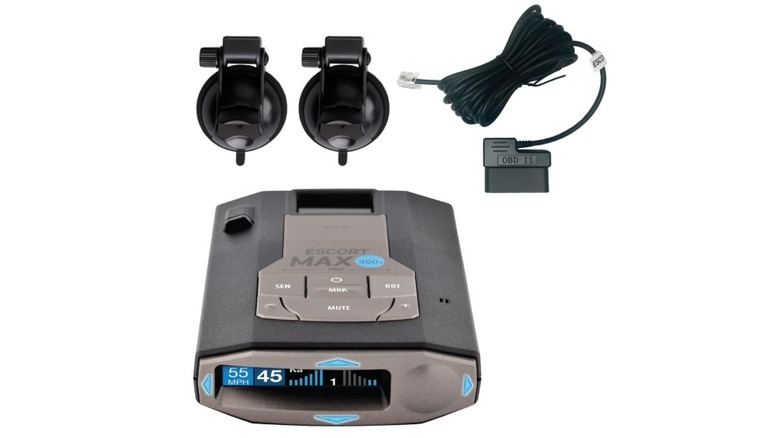 Escort Max 360c Radar Detector with suction mounts and a power cable.