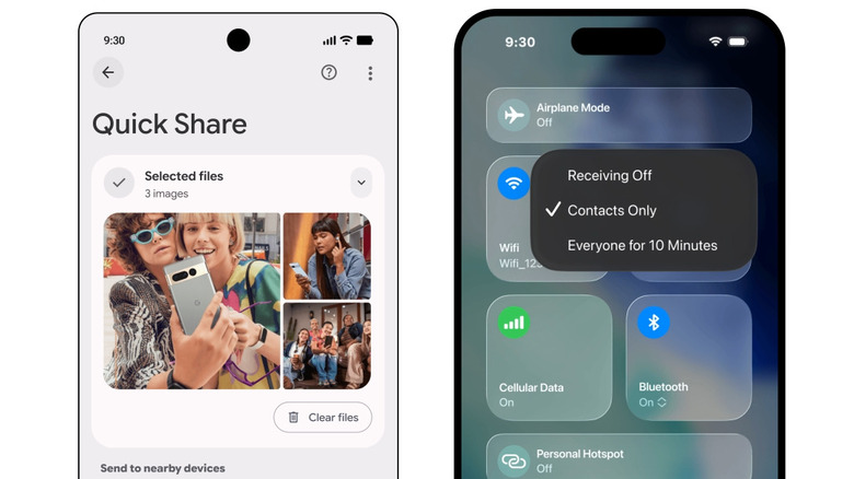 Android's Quick Share working alongside an iPhone setting up to allow for AirDrop