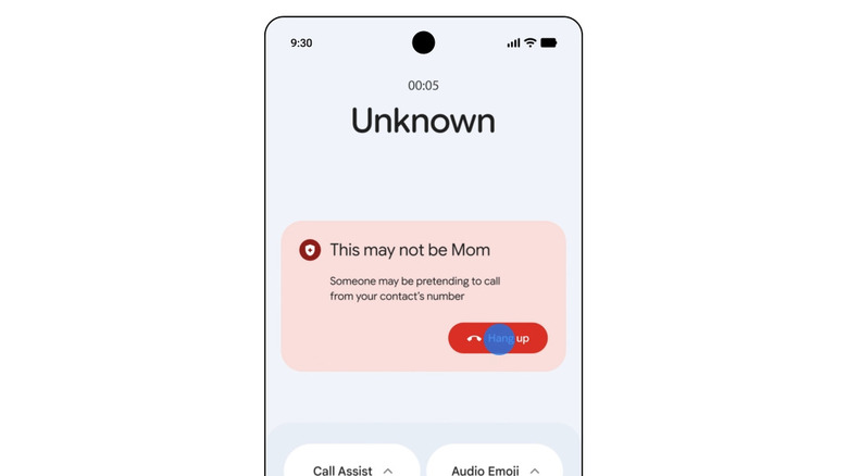 Smartphone mockup showing unknown caller and alert that this may not be mom spam call detection in phone by google