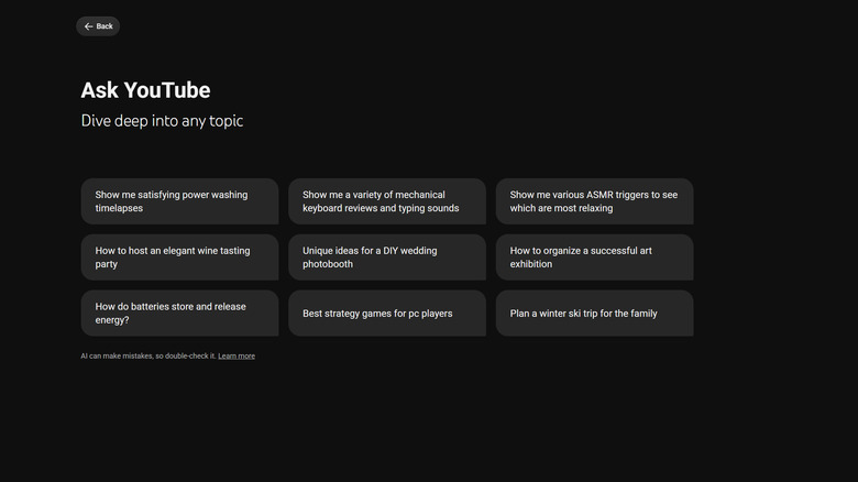 screenshot of YouTube's Ask YouTube conversational search tool