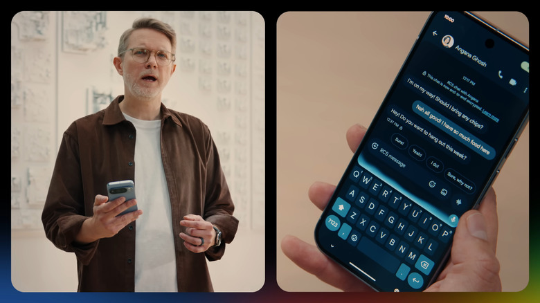 A live demo of the Gboard Rambler feature, showing both someone using the feature and the on-screen interface
