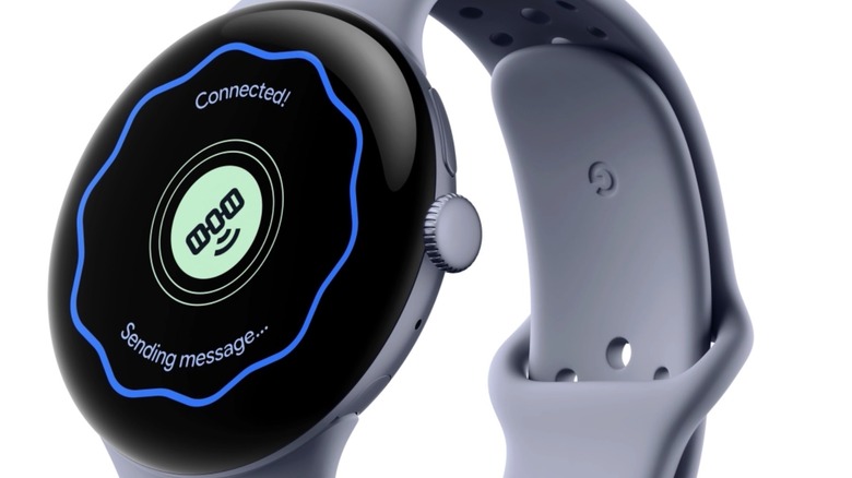 A Pixel Watch model sending a message via Satellite SOS.