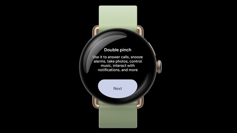 An information screen on a Pixel Watch explaining the double pinch feature.