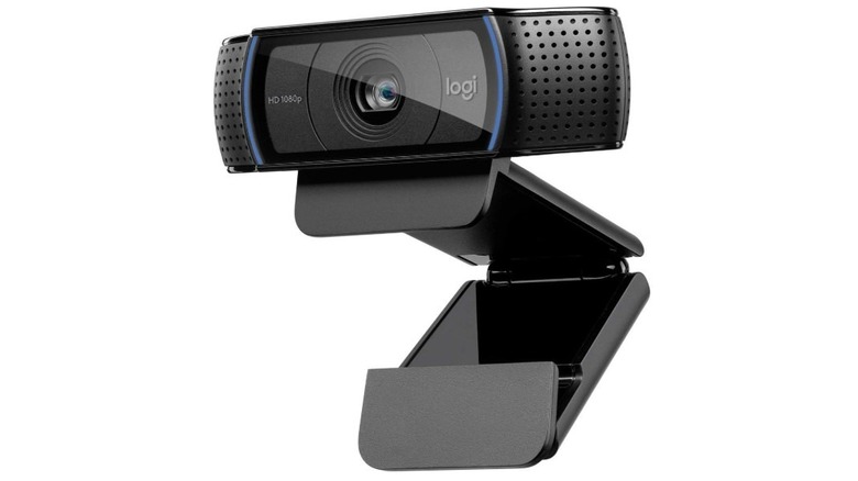 Logitech C920 HD webcam with adjustable clip mount.