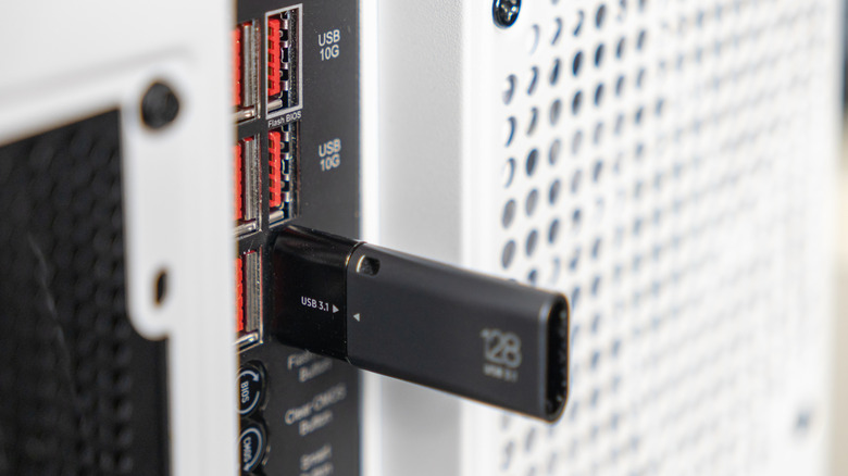 Close-up of modern USB ports on a desktop PC.