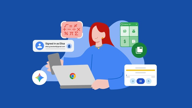 Woman using laptop with Chrome icon