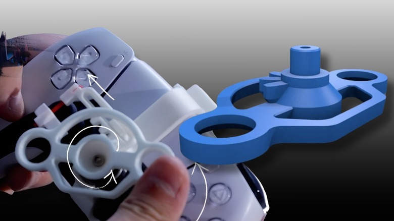 PS5 controller with the mini wheel attached and a 3D model of the gear mechanism on a black and white gradient background