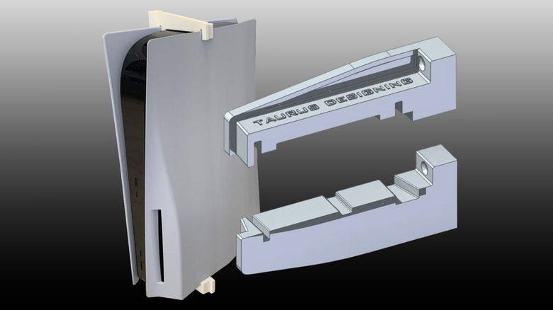 PlayStation 5 with wall mounts attached and 3D models of the htop and bottom bracket on a black and white gradient background