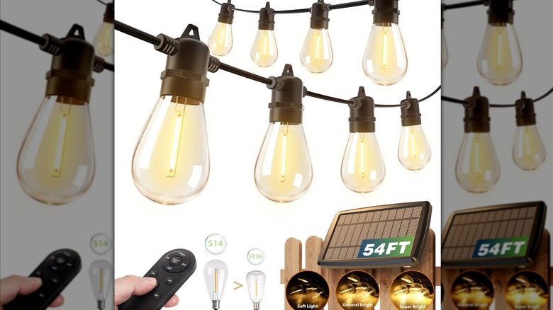 A set of Addlon Solar String Lights, its central panel, and remote.