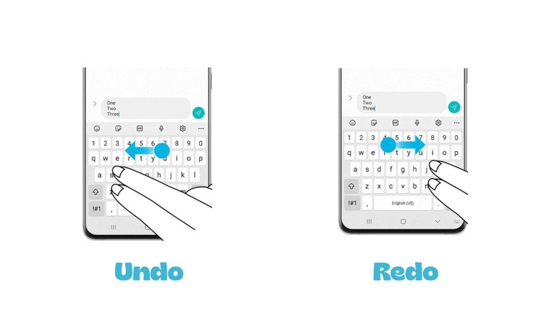 Gesture examples of using two finger swipe on Samsung Keyboard to undo and redo.