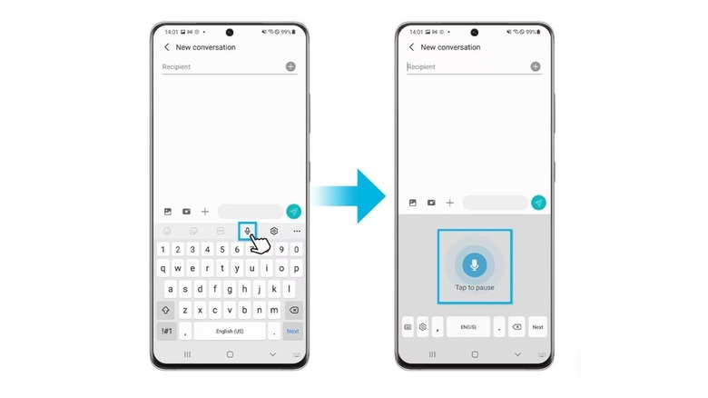 Samsung Keyboard voice to text option with microphone chosen.