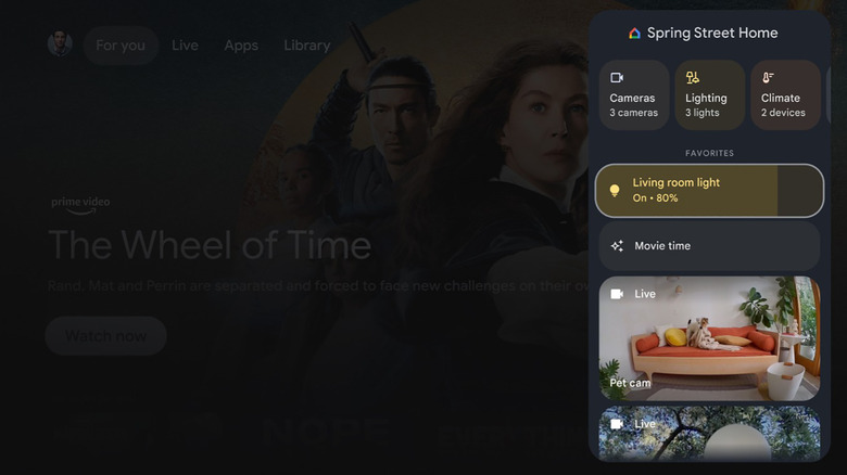 A smart TV faded out with a Google Home Dashboard screen on the right with smart home devices