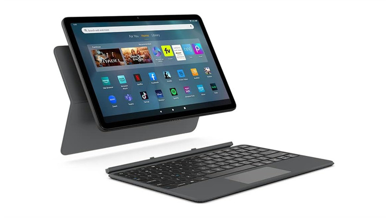 The Amazon Fire Max 11 with Magnetic Keyboard Case against a white background