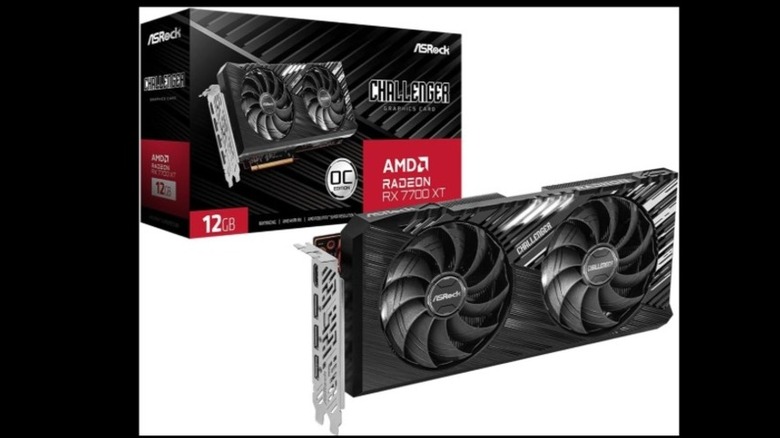A photograph of the ASRock AMD Radeon RX 7700 XT on a white background with the product box in the background.