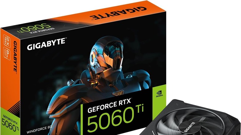 A photograph of the Nvidia GeForce RTX 5060 Ti next to its box.