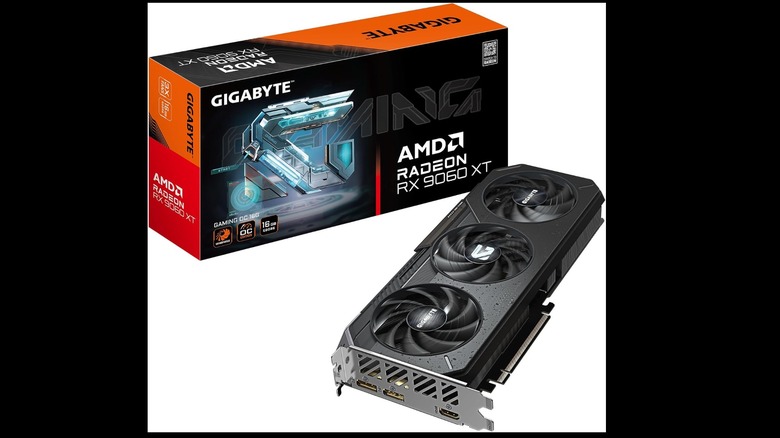 A photograph of the Gigabyte RX 9060 XT graphics card next to its' box on a white background.