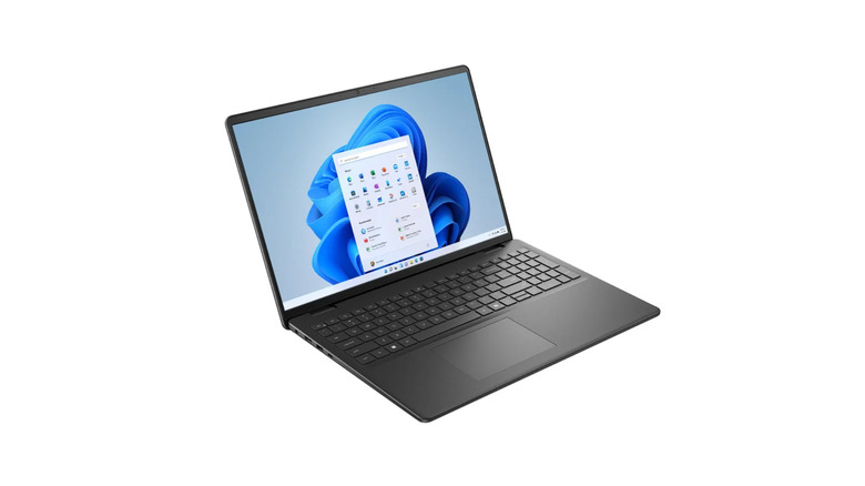 Dell's carbon black 16-inch touchscreen laptop displays a menu page showcasing several Microsoft 360 programs against a white background.