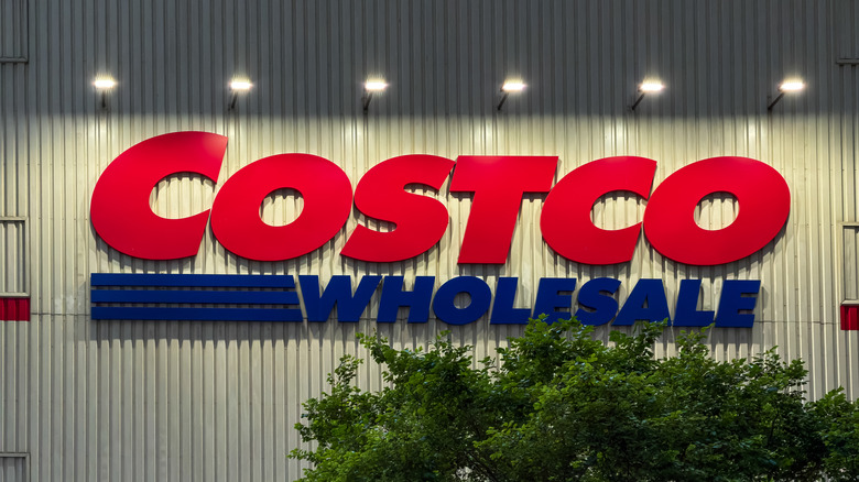 A Costco Wholesale sign is illuminated by a series of lights against a store facade at night.