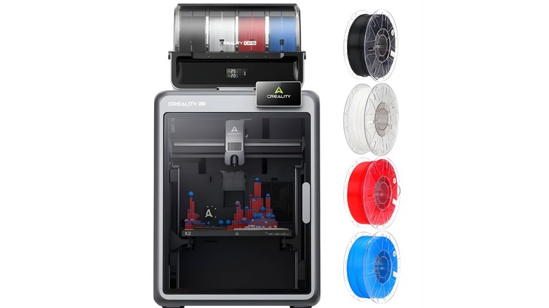 Creality K2 Combo front profile picture with black, white, red, and blue filaments
