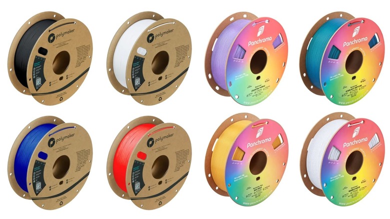 Blue, white, blue, and red polymaker PLA pro filament rolls and celestial purple, starlight neptune, silk gold, and marble white polymaker PLA fun colors filament rolls on a white background.