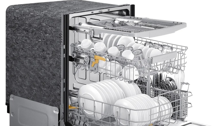 An open Samsung smart dishwasher.