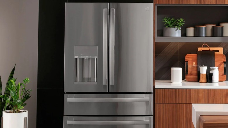 A GE French Door fridge in a kitchen.