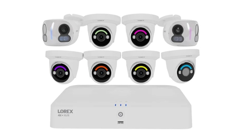 The Lorex Classic 2TB NVR with six 4K+ Turret Cameras and two Dual Lens 4K Cameras on a white background.
