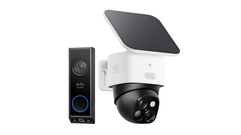 The Eufy Security Pan/Tilt Solar Cam with Dual Cam Doorbell Bundle on a white background.