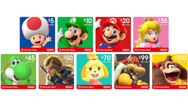 Nintendo eShop gift cards in front of a white background