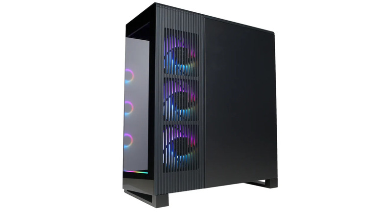 The CyberPower Extreme desktop showing off its side view while powered on