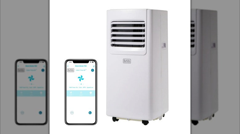 The Black+Decker Smart Portable Air Conditioner and a smart phone running its app.