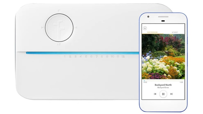 The Rachio 3 Smart Sprinkler Controller and a smartphone running its app.