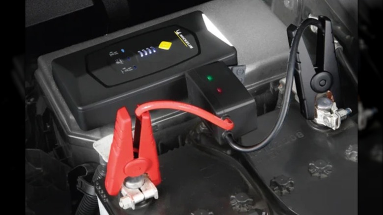 Michelin Portable Jump Starter connected to car battery