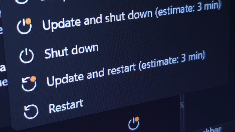Close up of the Windows power menu with shut down, update, and restart options.