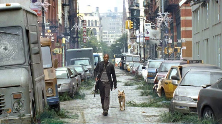 Robert Neville and Sam walking through New York City in I Am Legend