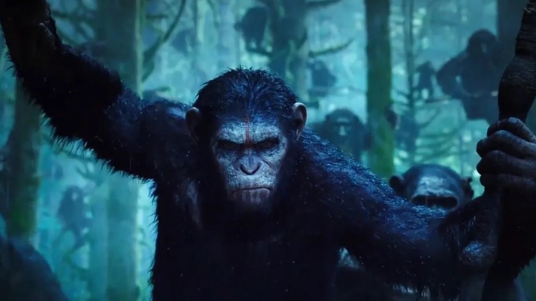 Caesar hanging from a tree in Rise of the Planet of the Apes