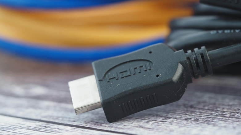 A close-up of the male connector of an HDMI cable.
