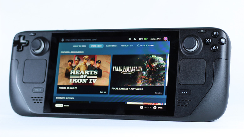 The Steam Deck against a light blue background