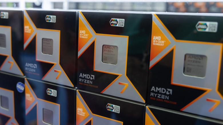 AMD Ryzen 7 processor boxes displayed on a store shelf.