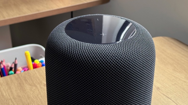 A HomePod on a desktop