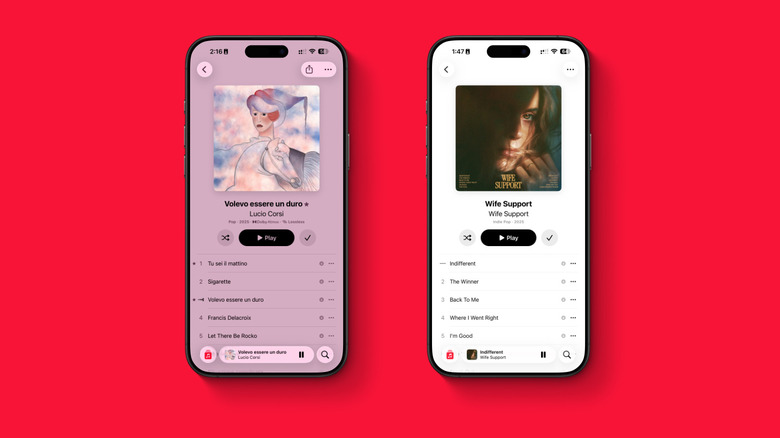 Mockup of two iPhones shows two different albums on Apple Music library