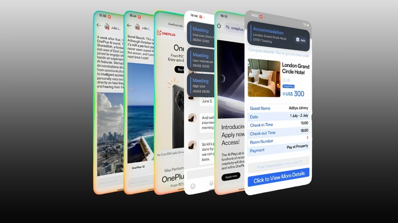 Screenshots of OxygenOS on a black to white gradient background