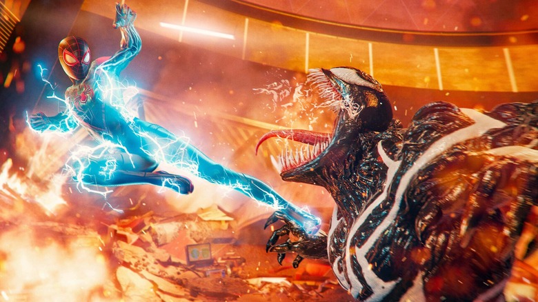 Miles Morales kicking Venom in Marvel's Spider-Man 2