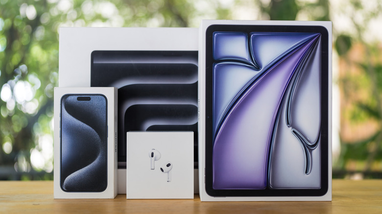 Retail boxes for Apple's iPhone, AirPods, iPad, and MacBook.