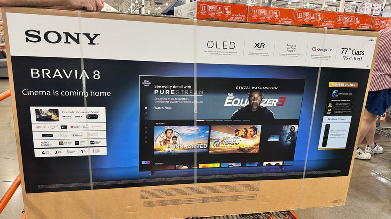 A new Sony Bravia OLED TV, pictured inside its box at a Costco location.