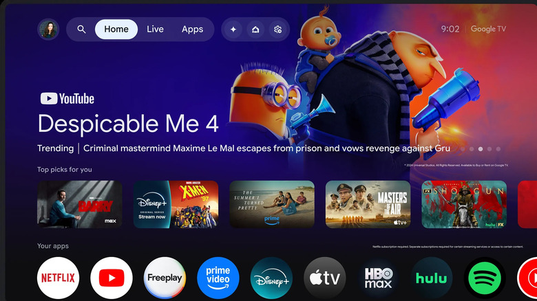 Google TV home screen showing a Despicable Me 4 banner, personalized recommendations, and streaming app icons.