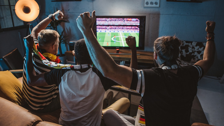 Fans cheering while watching a soccer match on TV in a living room.